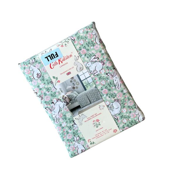 Cath Kidston london JUMPING BUNNIES GREEN Floral 4pc FULL Sheet Set NEW - Picture 2 of 10